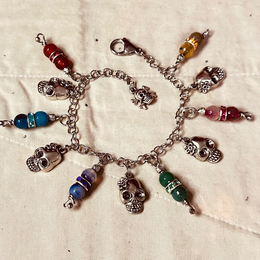 Crystal Agate Skull Charm Bracelet Stainless Steel Adj Gothic Day of the Dead